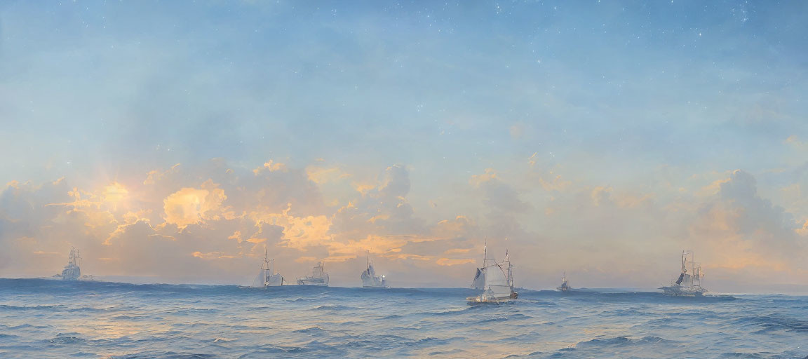 Sailing ships on calm sea at sunrise with warm sunlight piercing through clouds