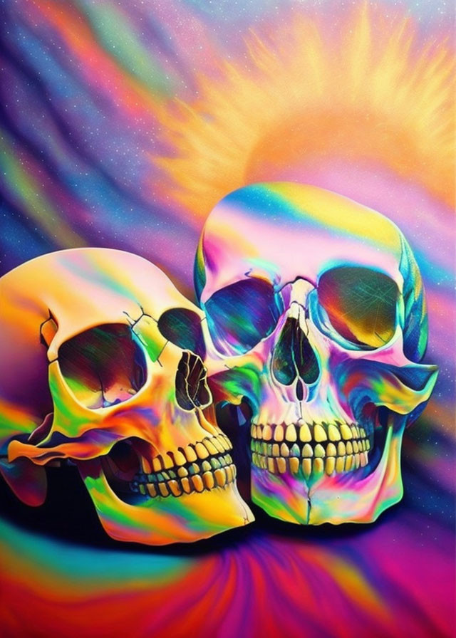 Colorful Skulls on Psychedelic Background with Vibrant Streaks