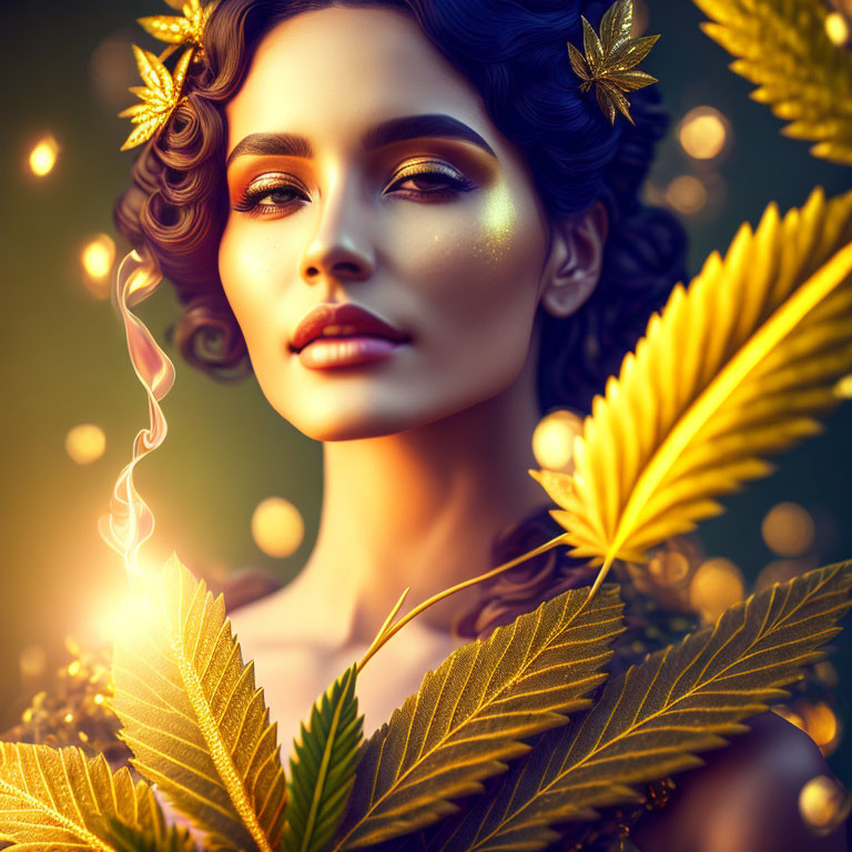 Portrait of woman with golden leaves, lights, ornate hair, and shimmering makeup