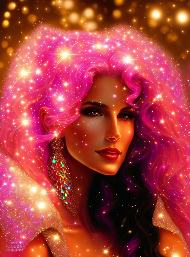 Digital Artwork: Woman with Cosmic Hair in Pink and Purple