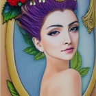 Digital Artwork: Woman with Purple Hair and Floral Adornments