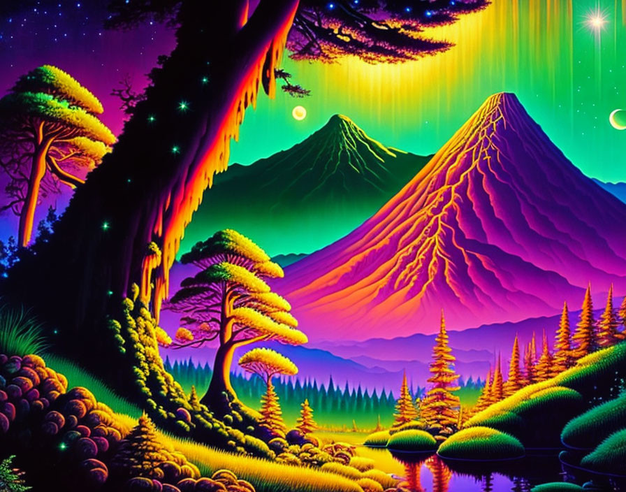 Colorful artwork: neon trees, twin mountains, northern lights.