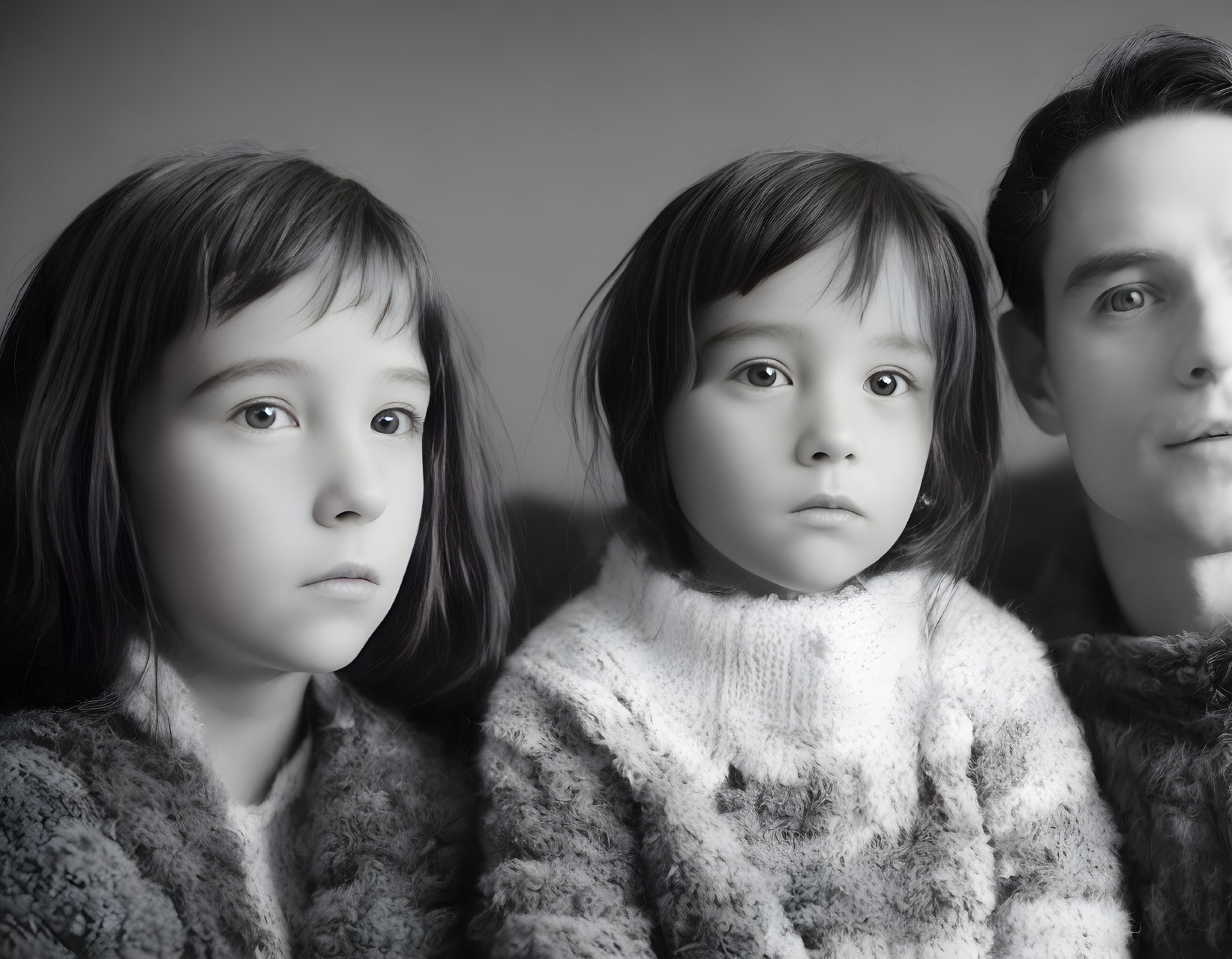Monochrome portrait of man & children in cozy sweaters