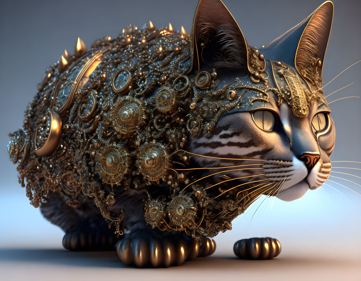 Steampunk-inspired cat with brass gears on blue background
