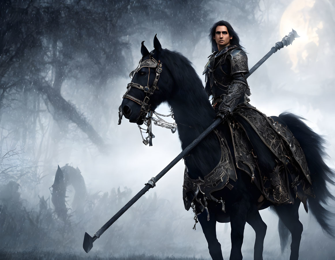 Dark-armored medieval knight on black horse with lance in foggy forest.