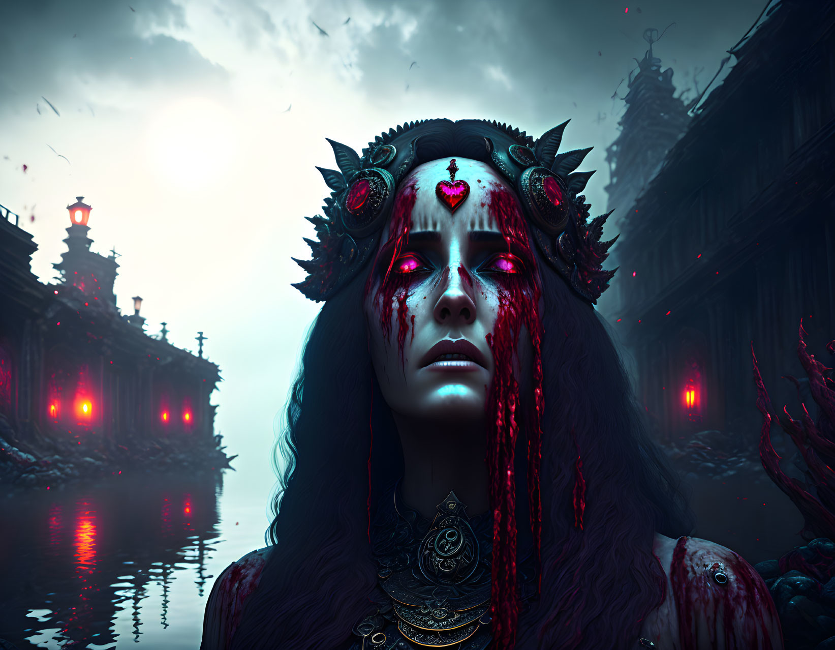 Pale-skinned female with red eyes in dark headgear and blood-like streams, set against gothic