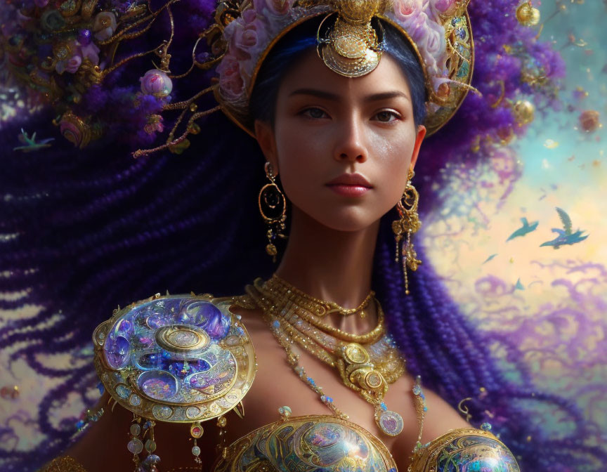 Regal woman adorned in golden jewelry and ornate headdress in ethereal setting.