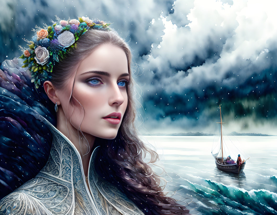 Woman with flower crown gazing, small boat in stormy sea