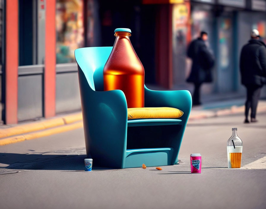 The bottle of soft drink in the chair,street