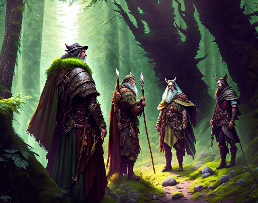 Fantasy warriors in medieval armor in misty forest landscape
