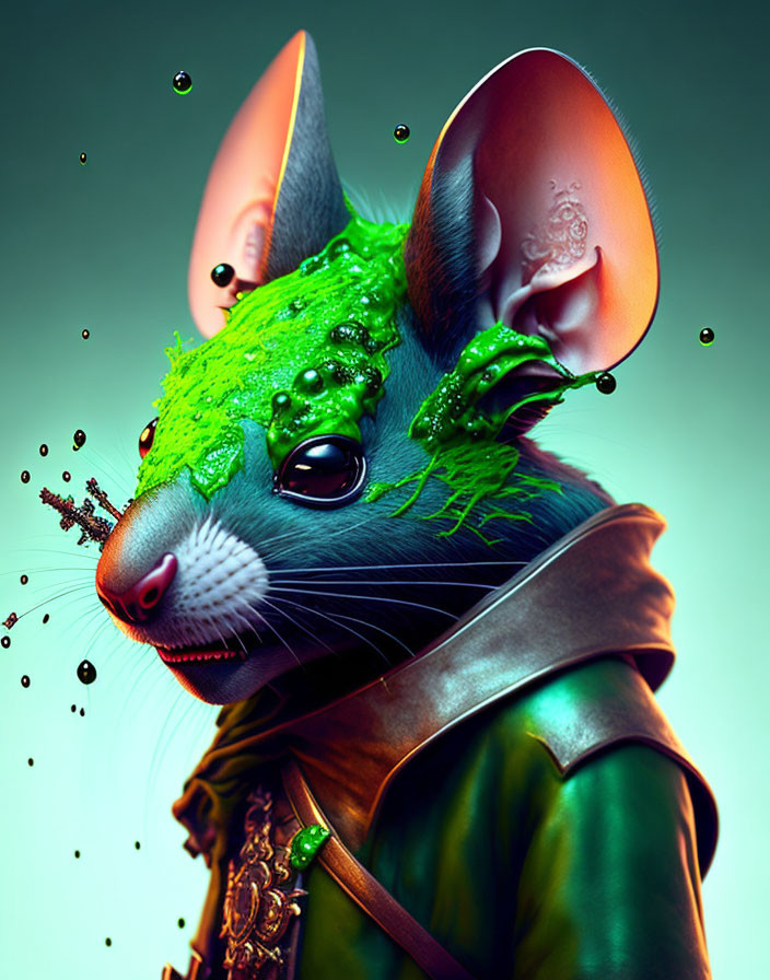 Anthropomorphic Mouse Artwork with Green Textured Substance and Leather Strap