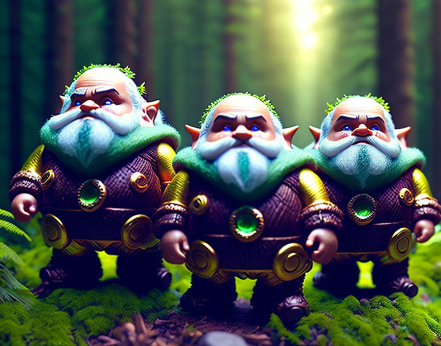 White-bearded animated dwarves in brown and gold armor in sunlit forest