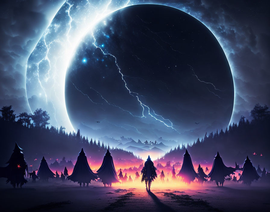 Surreal night landscape with giant moon, stars, lightning, person's silhouette, fiery backdrop,