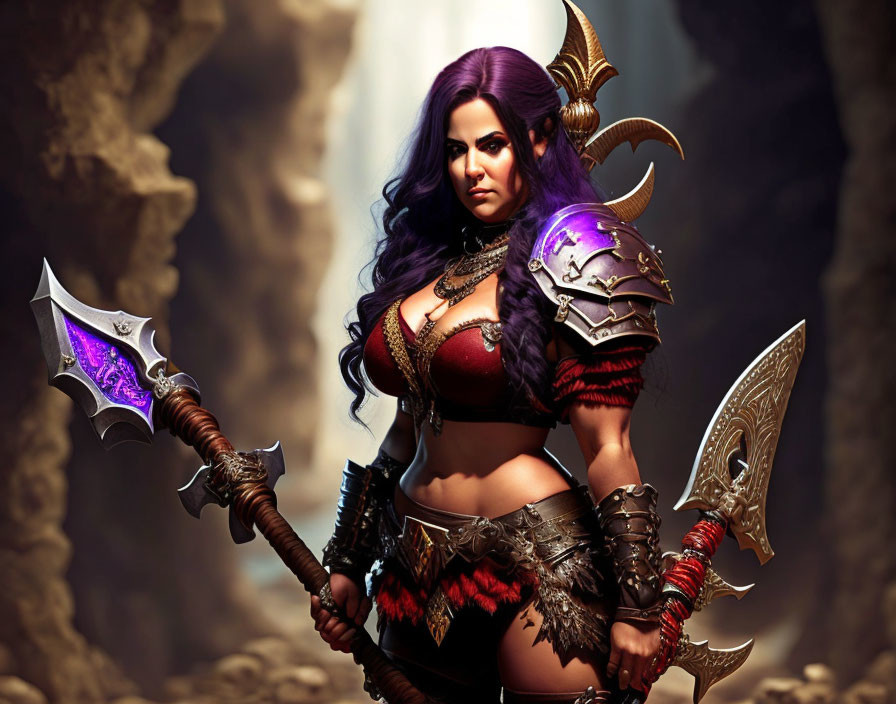 Purple-haired female warrior wields battle axe in fantasy armor on rocky terrain