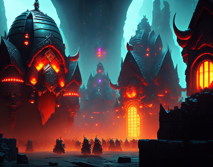 Menacing alien fortress with spire-like structures and glowing red accents