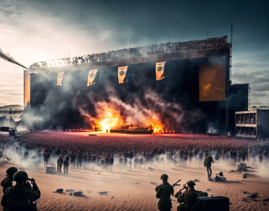 Outdoor Event with Pyrotechnics and Military Personnel Under Dramatic Dusk Sky
