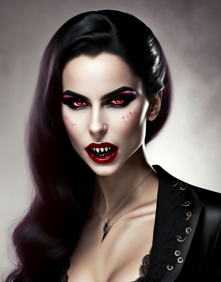 Female vampire illustration: pale skin, red eyes, sharp fangs, dark hair, black outfit