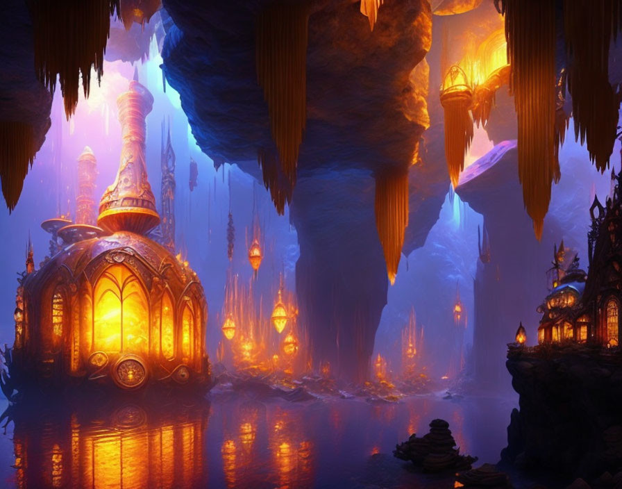Mysterious underground cave with golden light and glowing lanterns