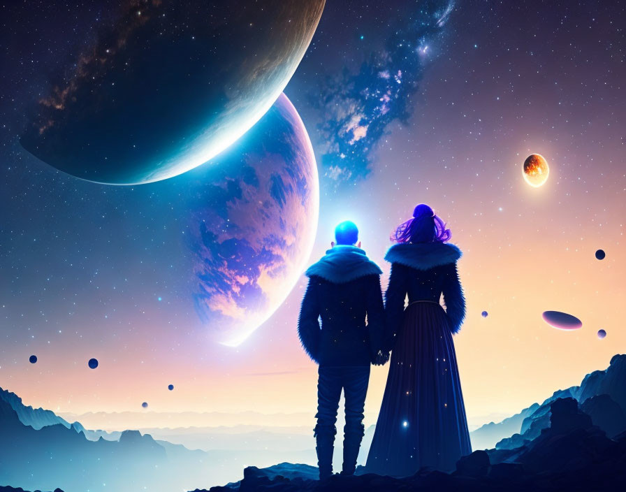 Two Figures Gazing at Cosmic Vista with Large Planets and Stars