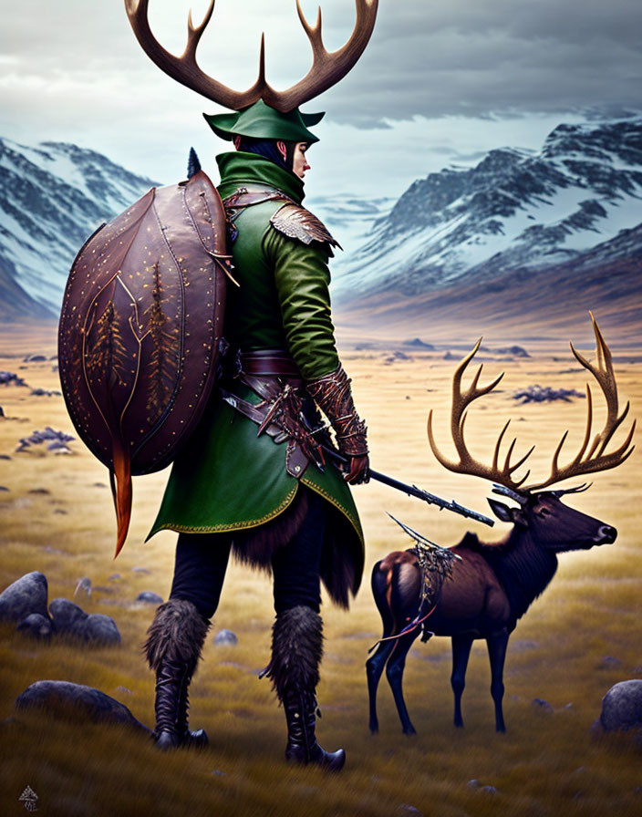 Fantasy warrior with elk helmet and ornate shield in mountain landscape