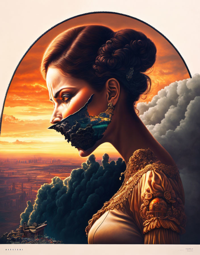 Surreal portrait of woman with landscape and industrial scene in place of face