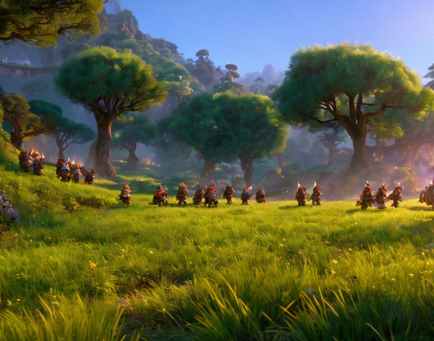Animated warriors on boars in vibrant forest scene