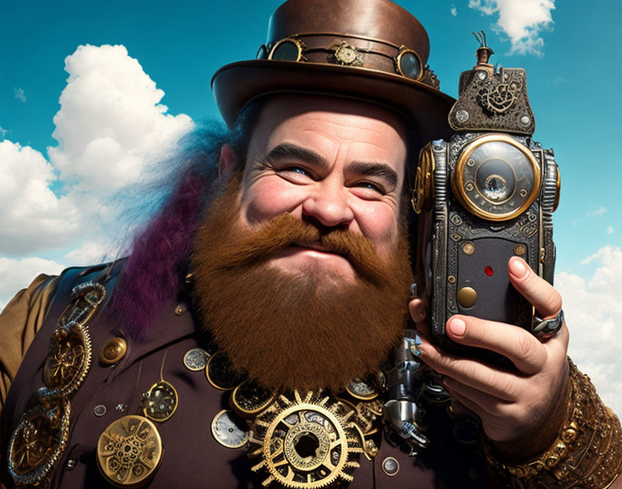 Bearded man in steampunk attire with ornate gadget against cloudy blue sky
