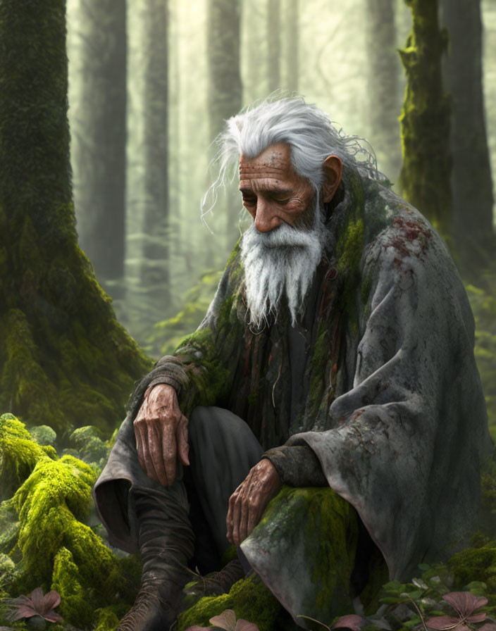 Elderly man in moss-covered cloak sitting in sunlit forest