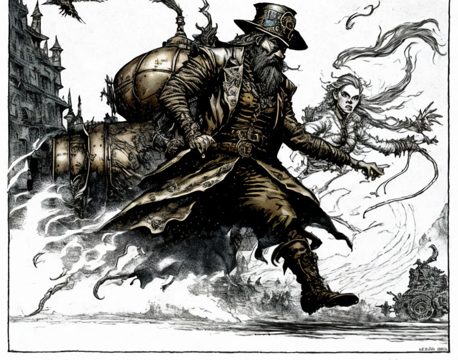 Steampunk-themed illustration: man in top hat and goggles with mechanical backpack, facing ghostly figure