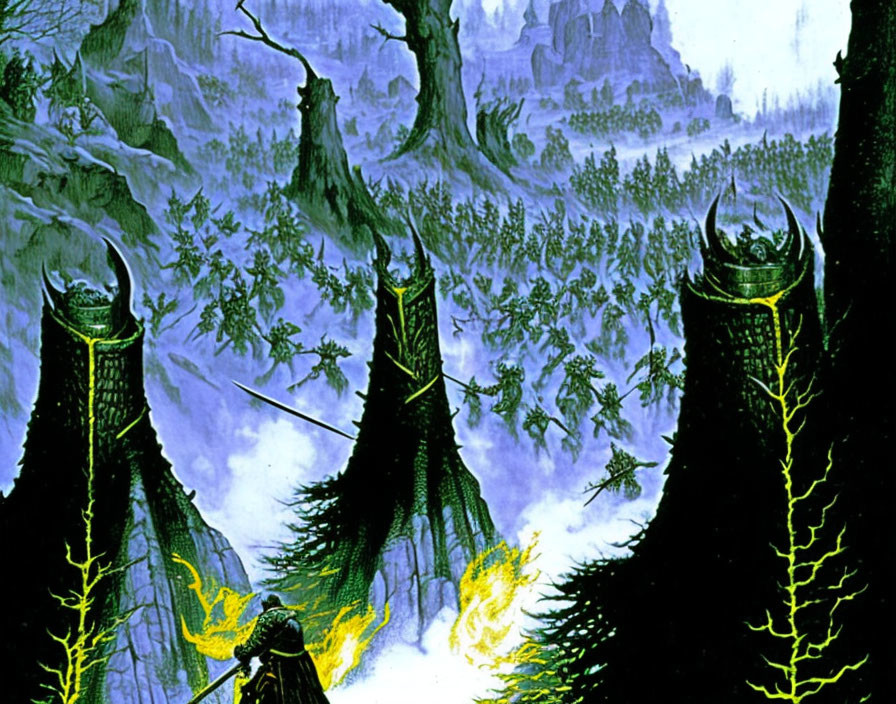 Fantasy landscape with towering trees, blue hues, small figures, fire, and glowing structures