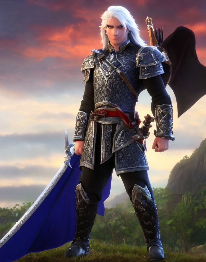Fantasy character with silver hair in ornate armor against sunset sky.