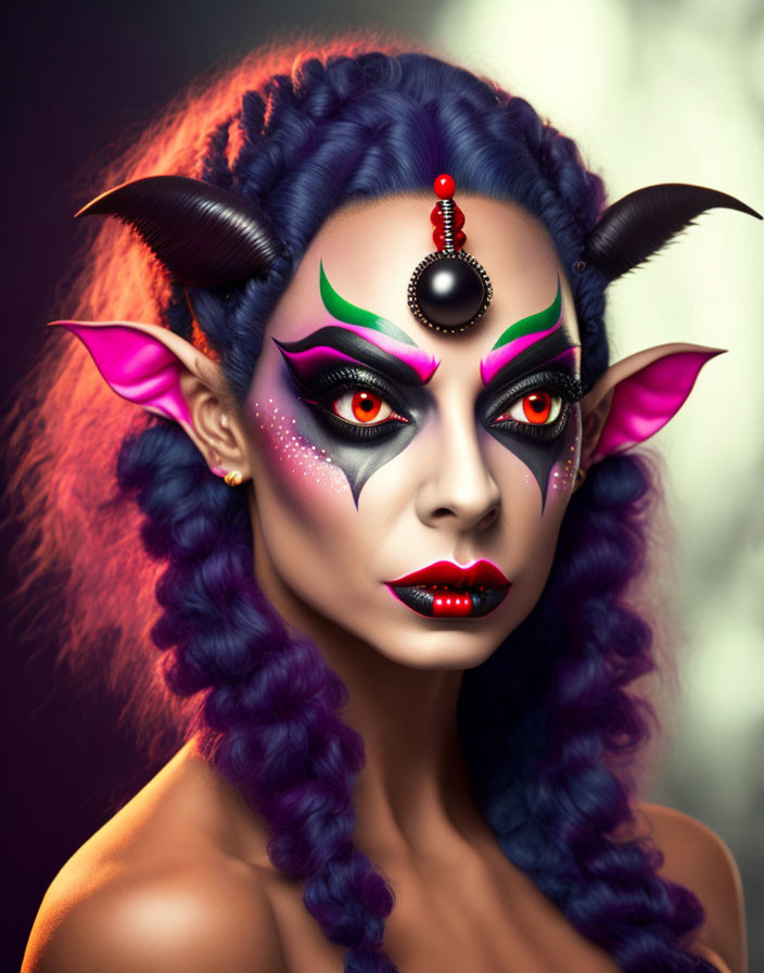 Portrait of Person with Purple Hair, Elf Ears, Third Eye, Dramatic Makeup, and Dark