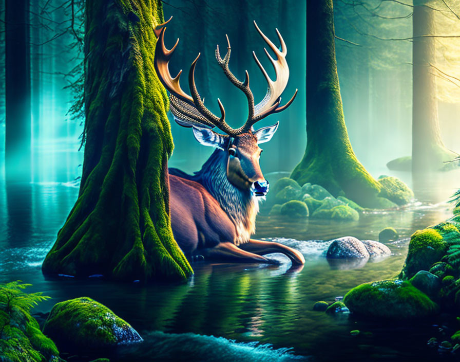 Majestic stag with large antlers in serene forest river scene