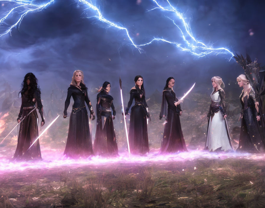 Fantasy female warriors in dark and light armor in mystical landscape with lightning.