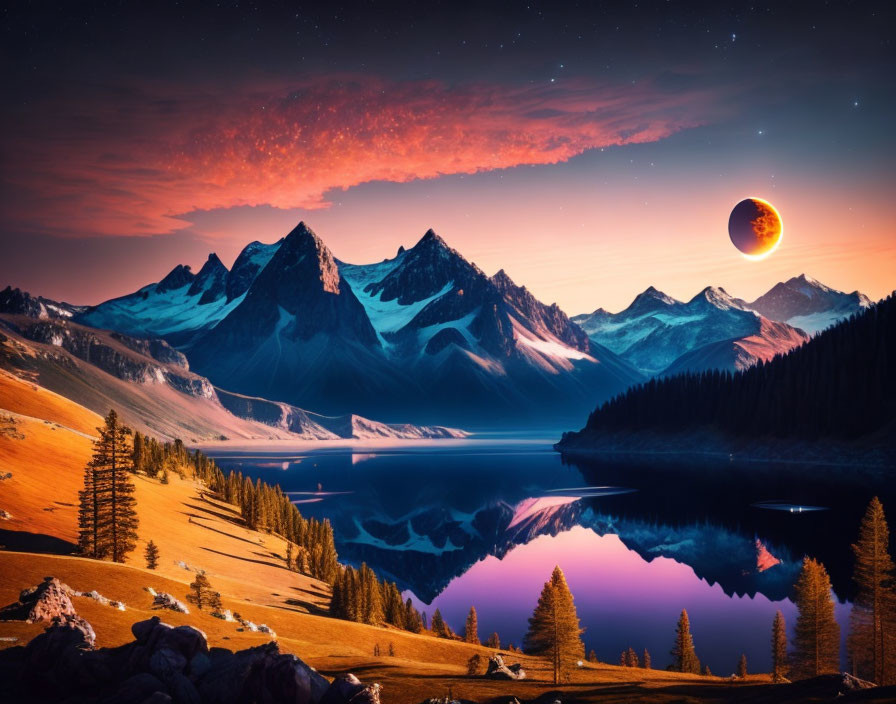 Surreal landscape with vivid sunset, mountains, lake, trees, and moon in starry sky