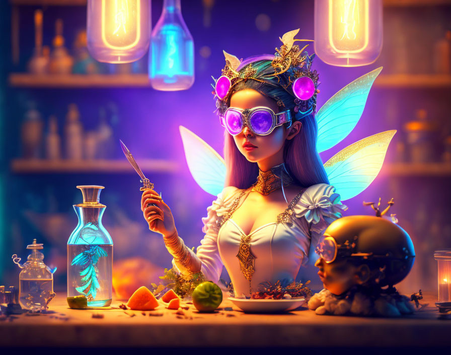 Mystical fairy with purple-tinted goggles examines potion at table