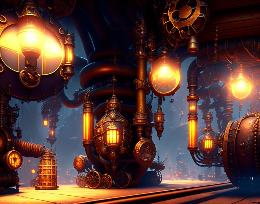 Dimly Lit Steampunk Interior with Glowing Lamps and Brass Mechanisms