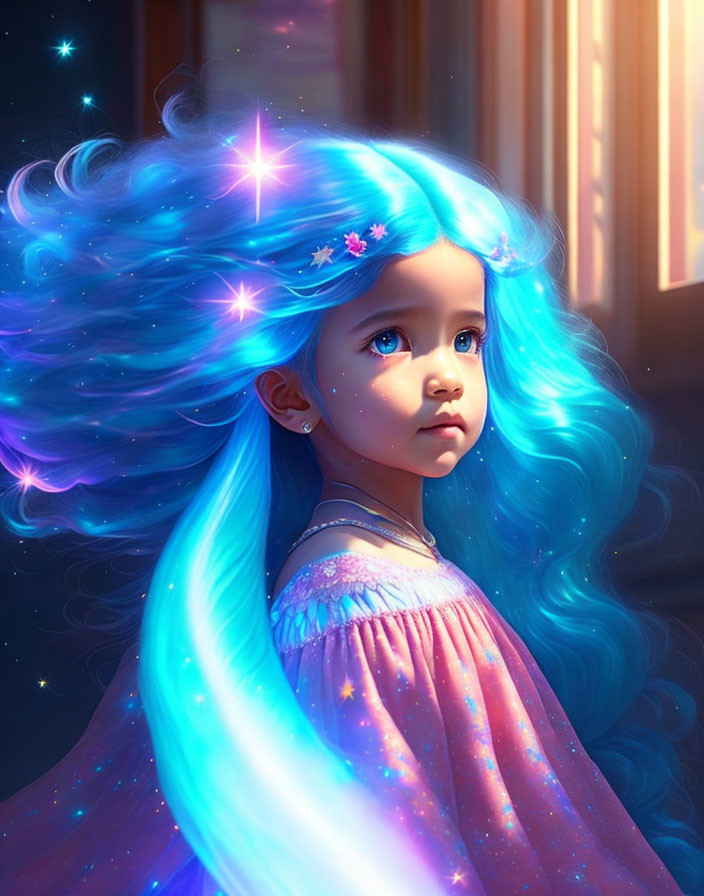 Young girl with luminous blue starry hair in pensive gaze under sunlight.