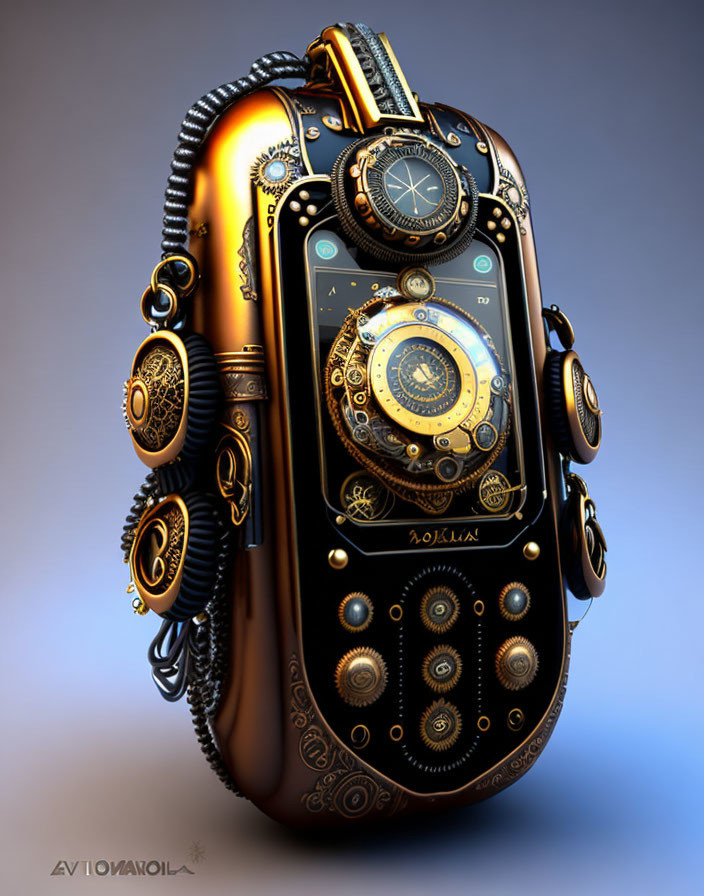 Steampunk-inspired device with intricate gears and clocks in vintage-futuristic blend