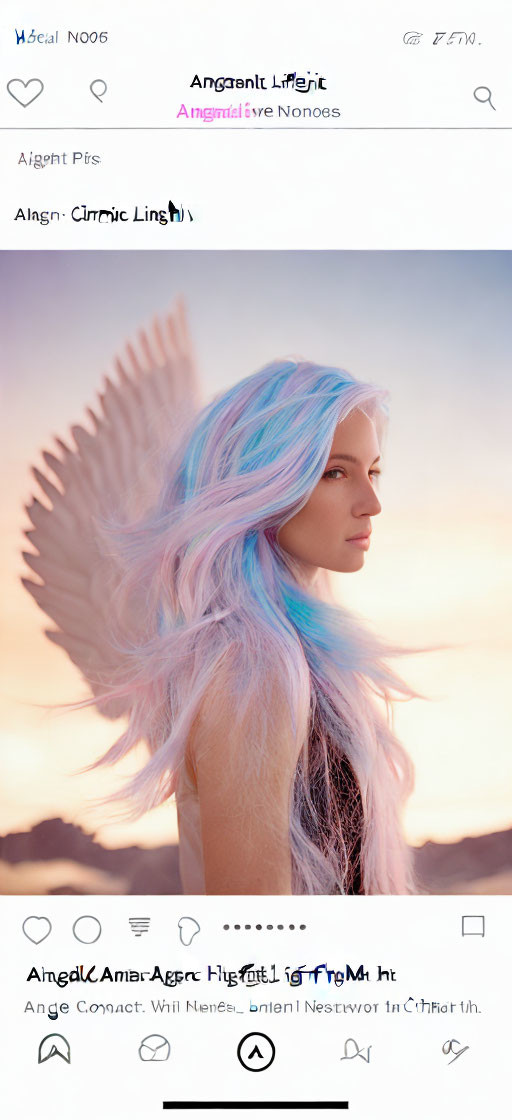 Profile of a person with pastel blue hair and angel wings against a soft sunset sky with image editing