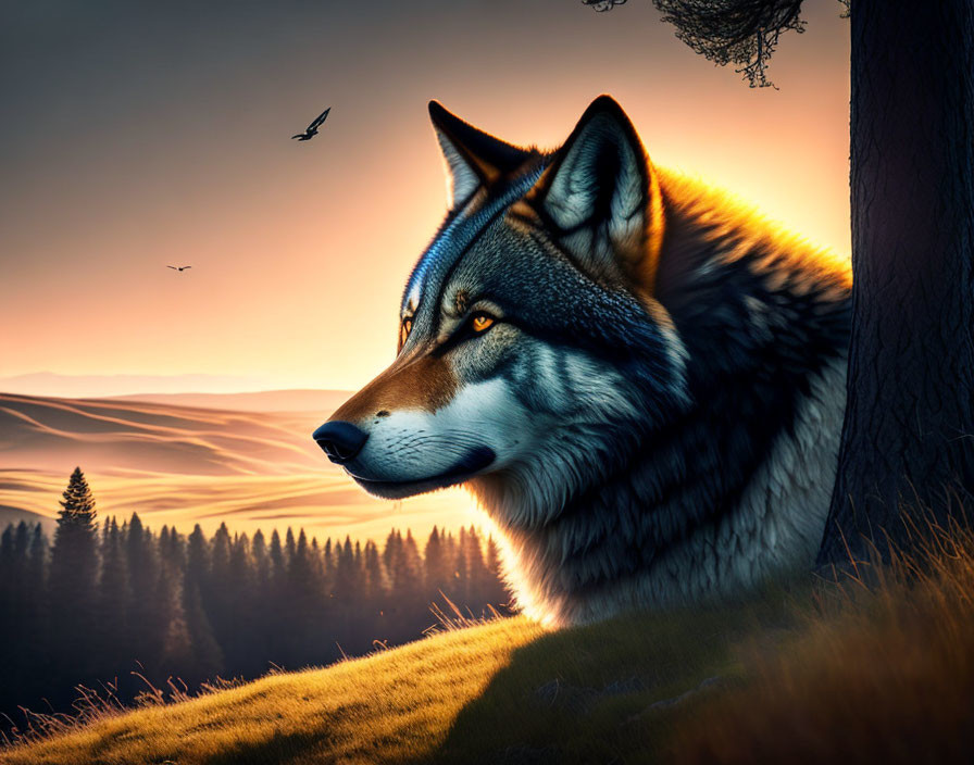 Majestic wolf profile at sunrise with rolling hills and birds.