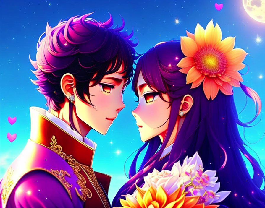 Romantic couple with purple hair in starry night sky