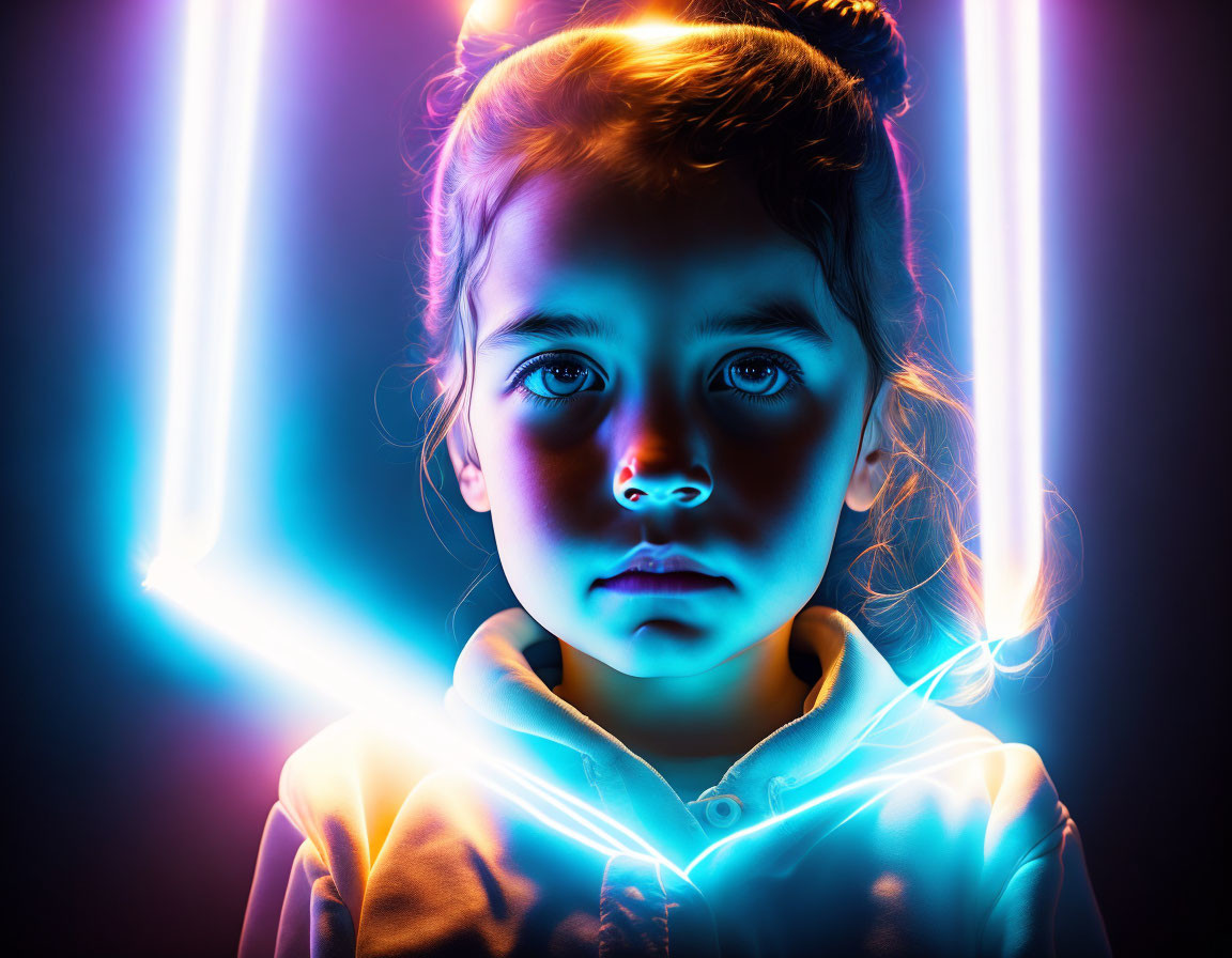 Child with solemn eyes in vibrant neon lights, blue and pink hues