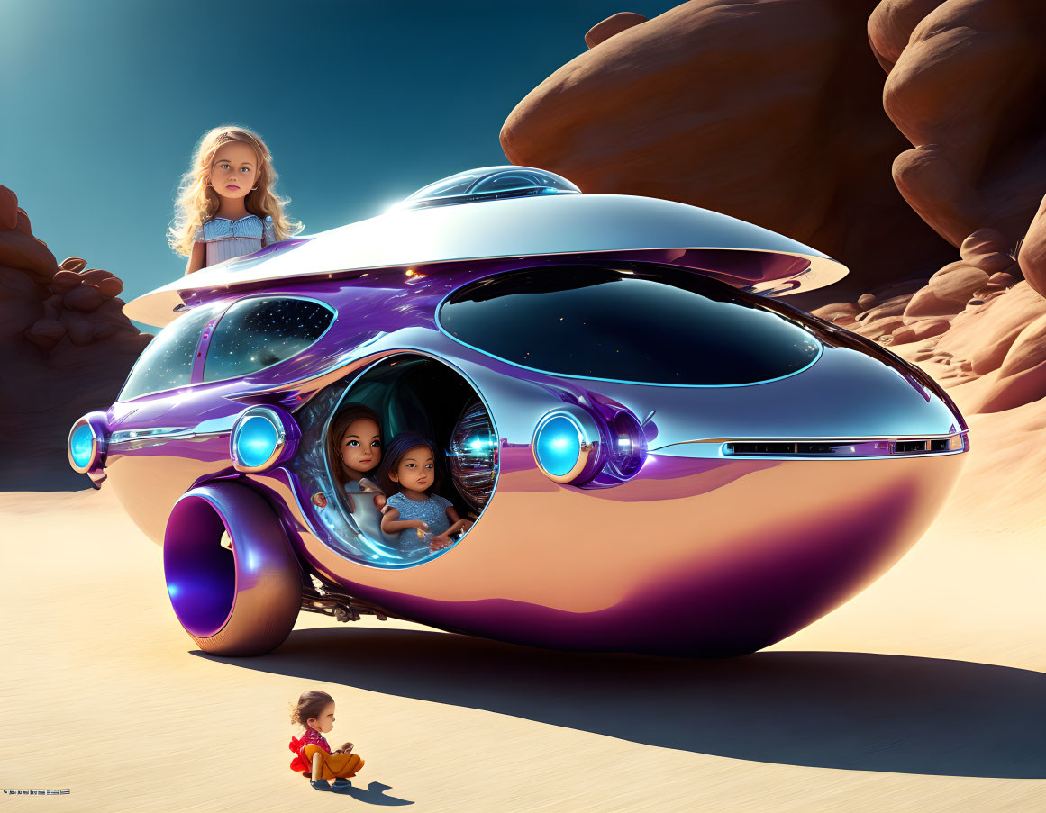 Futuristic silver car with bubble windows on sandy terrain with children inside and playing outside