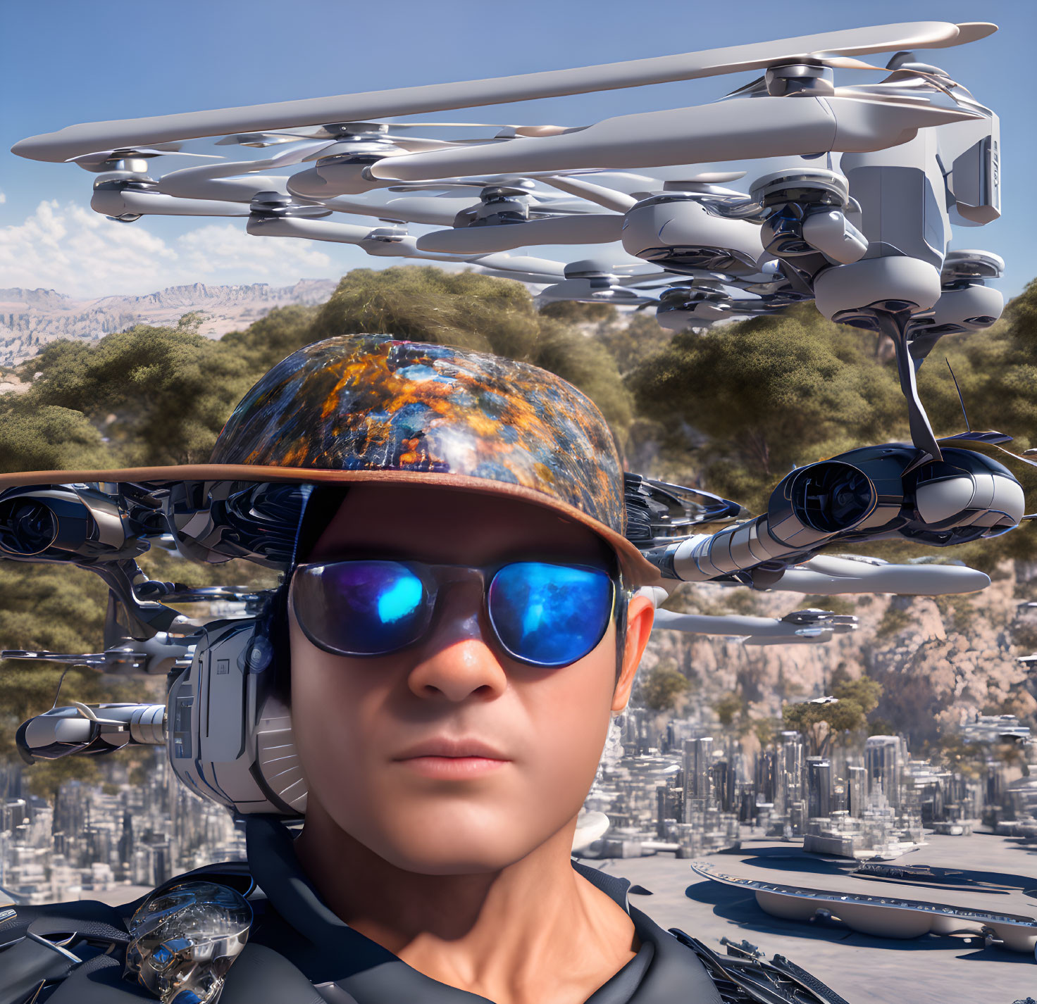 Male figure in futuristic attire with drones, cityscape, and rocky terrain.