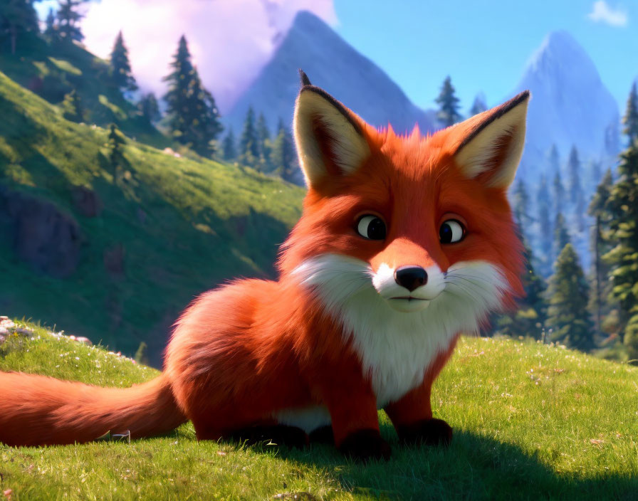 Red Fox Sitting in Lush Green Meadow with Mountains and Blue Sky