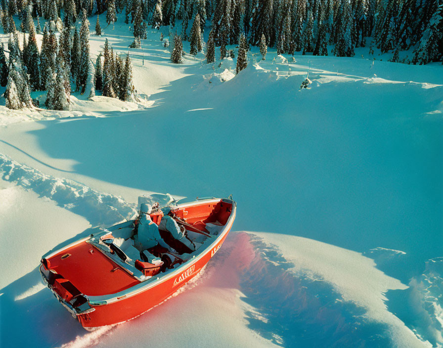 Person in red coat stranded in red boat on snowy landscape with evergreen trees and clear sky