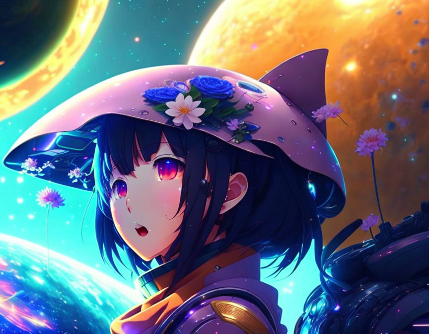Starry hat anime girl with vibrant eyes and cosmic backdrop
