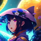 Starry hat anime girl with vibrant eyes and cosmic backdrop