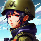Blue-haired anime character in military uniform against sky background